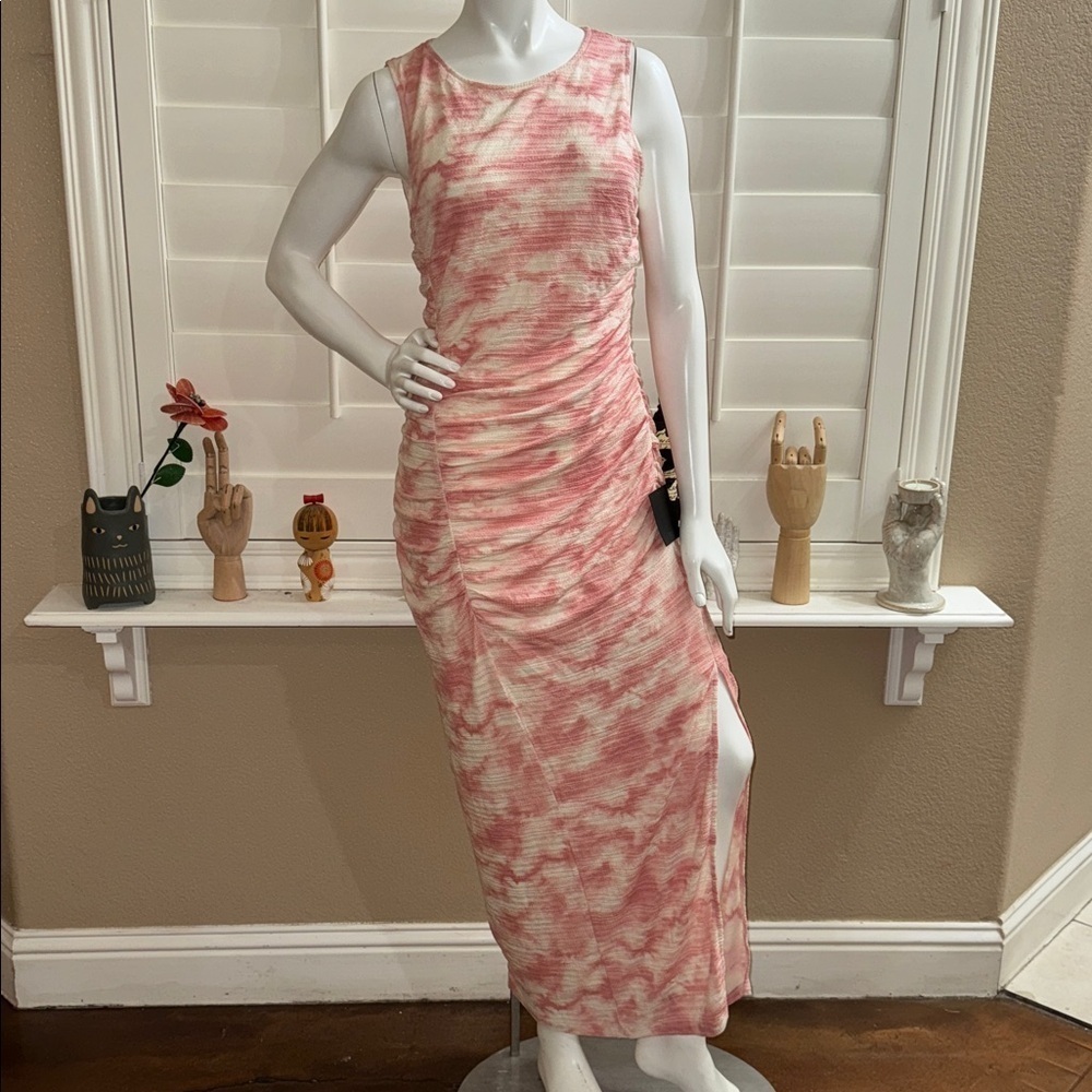 Lulus Larah Pink and Ivory Tie-Dye Textured Knit Ruched Midi Dress